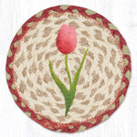 Earth Rugs Round Tulips Coaster – 7" Braided Jute Mat with Hand-Stenciled Spring Tulip Design in Pink, Yellow & Green Floral Tones