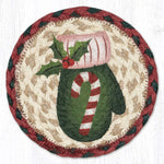 Earth Rugs Round Candy Cane Mitten Coaster – 7" Braided Jute Mat with Hand-Stenciled Holiday Mitten and Candy Cane in Festive Red & Green