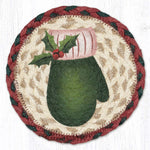 Earth Rugs Round Green Mitten Coaster – 7" Braided Jute Mat with Hand-Stenciled Holiday Mitten in Forest Green and Festive Winter Colors