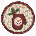 Earth Rugs Round Snowman Mitten Coaster – 7" Braided Jute Mat with Hand-Stenciled Winter Mitten Featuring a Snowman and Festive Colors