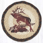 Earth Rugs Round Jumping Elk Coaster – 7" Braided Jute Mat with Hand-Stenciled Elk Leaping Through Rustic Woodland Scenery