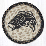 Earth Rugs Round Big Mouth Bass Coaster – 7" Braided Jute Mat with Hand-Stenciled Fish Design in Rustic Greens and Natural Earth Tones