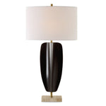 Uttermost 30384 Kure Black Iron Table Lamp with Tribal Sculpture Design and Travertine Base