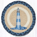 Earth Rugs Blue and White Lighthouse Round Trivet – 10" Nautical Print on Braided Natural Jute