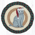 Earth Rugs Handmade Festive Trivet – Round Jute Mat with Santa Hat Cat Design