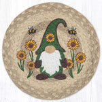 Earth Rugs Whimsical Garden Jute Trivet – 10" Round Braided Mat with Sunflower Gnome Design