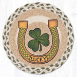 Lucky Horseshoe Printed Round Trivet 10" x 10" – Natural Jute Braided Table Protector By Earth Rugs