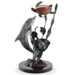 SPI Home Playground Pals Dolphin and Turtle Sculpture – 12" Solid Brass Ocean Friends Figurine for Coastal Shelf or Table Display