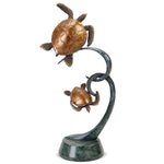 SPI Home Double Turtles on Ribbon Sculpture – 12" Solid Brass Sea Life Figurine with Flowing Base for Coastal or Nautical Display