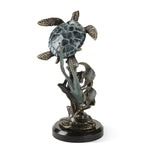 SPI Home Metal Single Sea Turtle with Fish Figurine – 9" Coastal Marine Life Sculpture for Ocean-Themed Decor