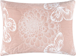 Greenland Home Fashions Mariposa Reversible Matelasse Pillow Sham with Blossom and Butterfly Design, Pink