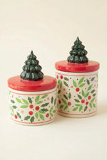 Two small ceramic Christmas canisters with lids