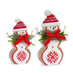 Melrose Nordic Snowflake Snowman Figurine with Pine Bow Accent (Set of 2)