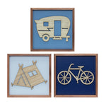 Wood Adventure Wall Frames Set of 3, 10" Square MDF & Wood Tent Camper Bike Art Prints by Melrose
