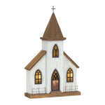 Lighted Wooden Church Display with Rustic Metal Accents – 17.75"H Paulownia Wood Indoor Decor with UL/USB Plug by Melrose