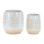 Set of 2 Two Tone Porcelain Planters Beige Grey Leaf Pattern – 5"H Melrose