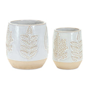 Porcelain Planter Set 5 Inch Height Beige Grey Leaf Pattern Decorative Pots Set of 2 Melrose