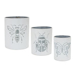 Insect Pot Set of 3 – 7.75 Inch Height – White and Grey Iron Planters with Raised Designs By Melrose
