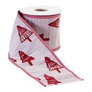 Wired Holiday Ribbon 0.25 in Red White Tree Print Polyester 4 in x 5 Yards By Melrose