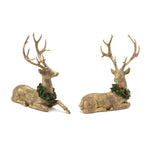 Melrose Laying Deer Figurine with Holly Wreath (Set of 2)