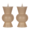 A set of two beige, abstract tapered LED candles with a realistic appearance, designed for home decor.