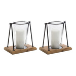 Modern A-Frame Candle Holders with Fir Wood Base & Glass Hurricanes, Large 9.75" and Small 8.25" Set of 2 by Melrose