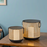 Modern Rattan-Style Punched Metal Candle Holder Duo, 8" & 6.25" Black-Brown Iron Set of 2 by Melrose