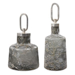 Uttermost Storm Charcoal & Taupe Art Glass Bottles with Silver Leaf Iron Tops – Set of 2 Decorative Sculptural Accents