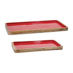 Red Wooden Trays (Set of 2) with Natural Wood Trim – 20"L & 16"L Rustic Decor Trays By Melrose