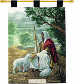 Manual Woodworkers and Weavers Lost No More Wall Hanging with Finial Rod, 26x36 Inches, Woven Christian Tapestry of Jesus the Shepherd