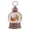 LED lantern-style snow globe with Santa in sleigh, reindeer, and swirling glitter, 9 inches tall