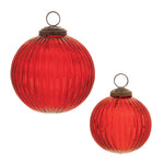Ribbed Ball Ornament Set of 12 4"D Red Glass Brass Farmhouse Holiday Decor By Melrose
