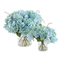 Uttermost Tranquil Blue Hydrangeas in Glass Vases with Realistic Faux Water, Set of 2