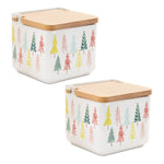 Ceramic 5" Christmas Tree Print Boxes (Set of 2) – Festive Storage Containers with Wood-Look Lids by Melrose