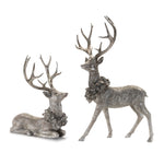Deer with Wreath Holiday Figurines – 19.25" & 27.5" Height – Silver Polyresin Decor by Melrose