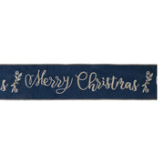 Embroidered Merry Christmas Wired Ribbon Blue and Gold Holiday Craft Ribbon