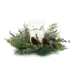 Mixed Pine Juniper Candle Holder with Glass 8"H Blue and Green Holiday Table Decor By Melrose