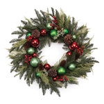 Mixed Pine Ornament and Pinecone Wreath 28"D Green Red and Blue Holiday Decor By Melrose