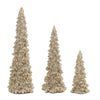 Three decorative Christmas trees of different heights on a white background