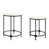 Two round side tables with marble tops and black metal frames on a white background