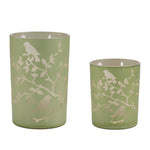 Glass Candle Holder Set – Frosted Green Floral Design 7" H Decorative Display by Melrose