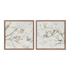 Two framed artworks of birds on branches with a neutral background