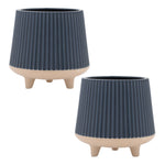 Planter Set Blue and Beige Ceramic Ribbed – 5.85" H Footed Indoor Planters by Melrose