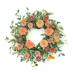 Mixed Gerbera Daisy Wreath 24"D, Pink & Orange Polyester with Foliage on Grapevine Base By Melrose
