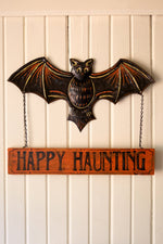 Hand-Hammered Metal Bat Happy Haunting Door Hanger by Kalalou