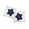 Two white pillows with blue starfish patterns on a white background