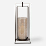 Uttermost 18106 Wenman Bronze Candleholder with Textured Glass Hurricane and Iron Stand