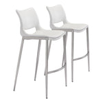 Zuo Modern Ace Barstool Set of 2, 40.9" H, White Faux Leather, Silver Brushed Stainless Steel, Modern Ergonomic Design
