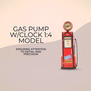 Model gas pump with clock on a beige background