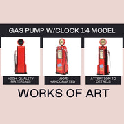 Red gas pump model with clock labeled 'Works of Art' on a beige background